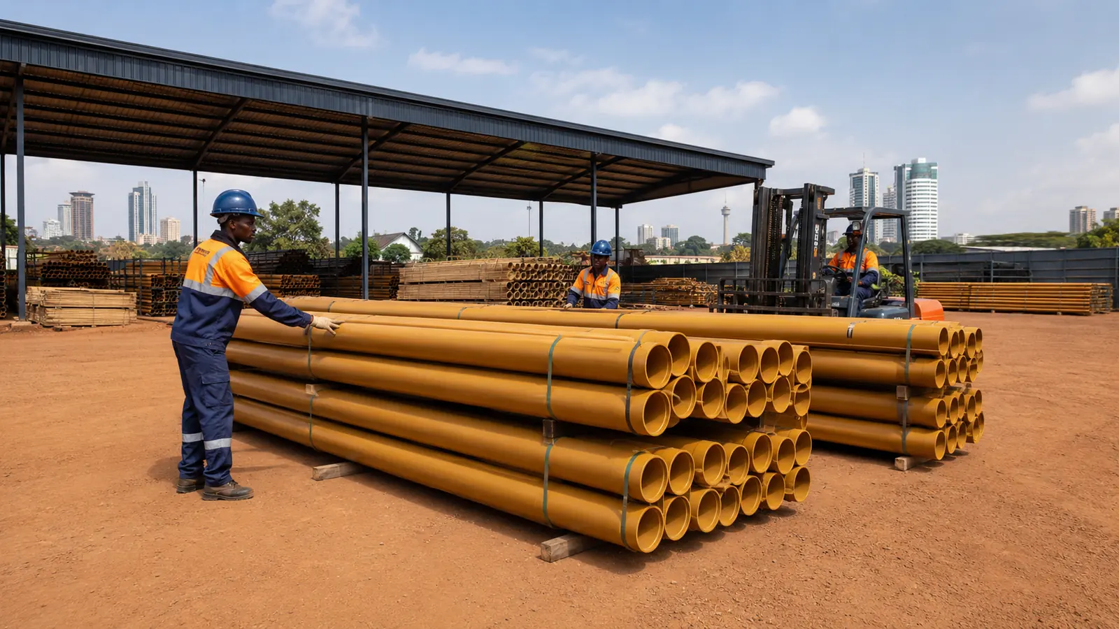 Pipe products organised in a project supply yard